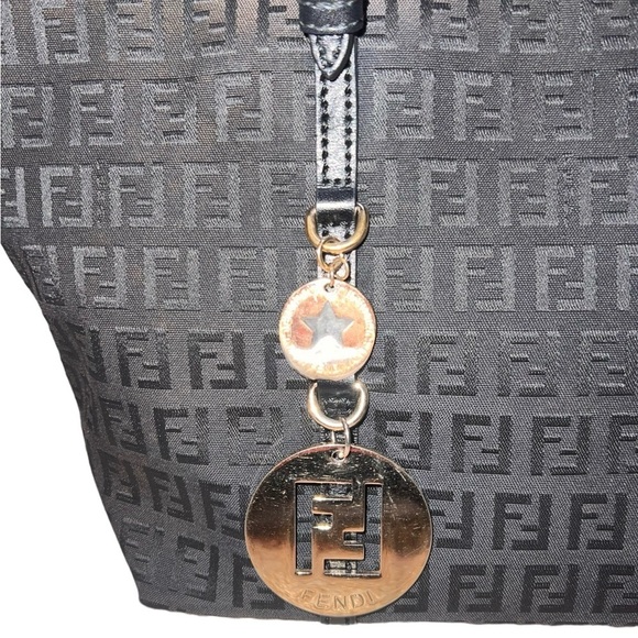 {EUC Fendi Black Zucchino Monogram Canvas Mini Tote Leather Handles Charm} - Picture 6 of 16